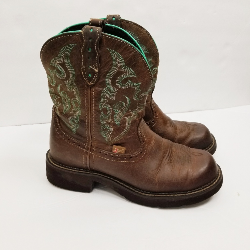 Justin Boots Brown Ankle Booties with Green Embroidery